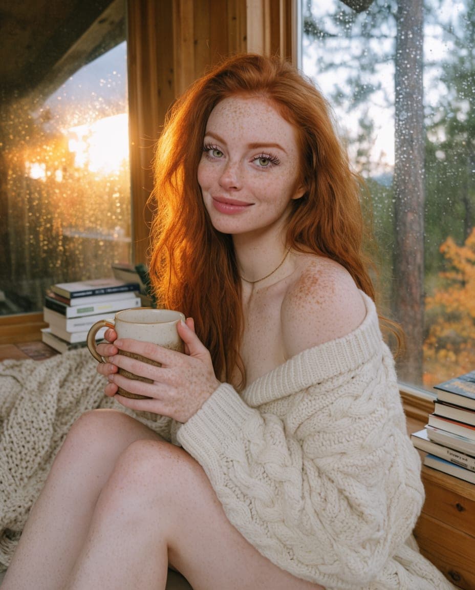 Ciara, a fictional cozy and fashion creator: a cabin window in autumn