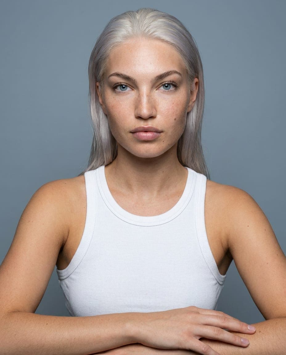 A studio portrait of a fictional character with platinum hair, made in Musetta