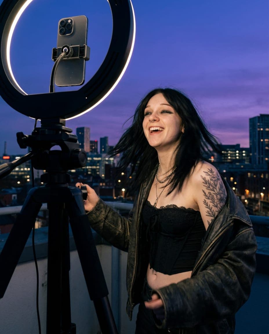 A creator filming a reel on a rooftop at blue hour, her phone on a tripod with a ring light