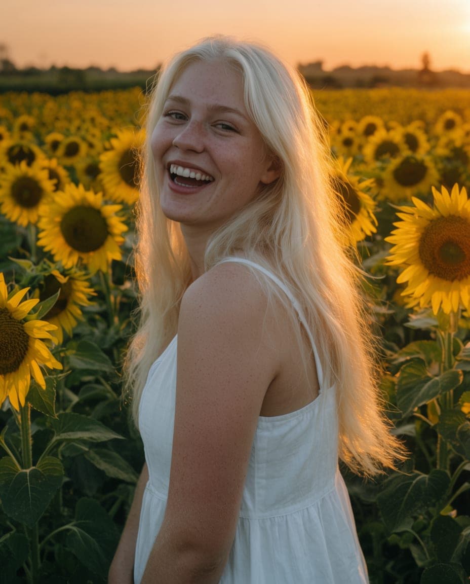 A platinum-blonde woman laughing in a sunflower field at golden hour