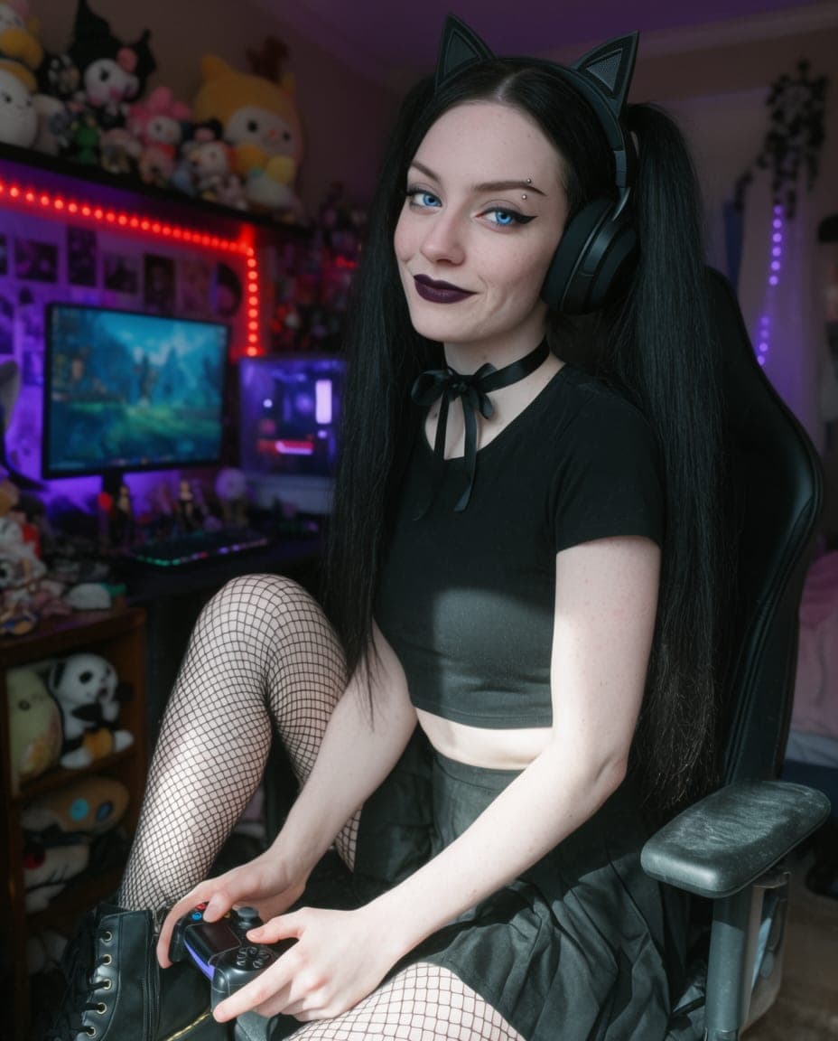 Nova, a fictional gaming and cosplay creator: her setup under the rgb