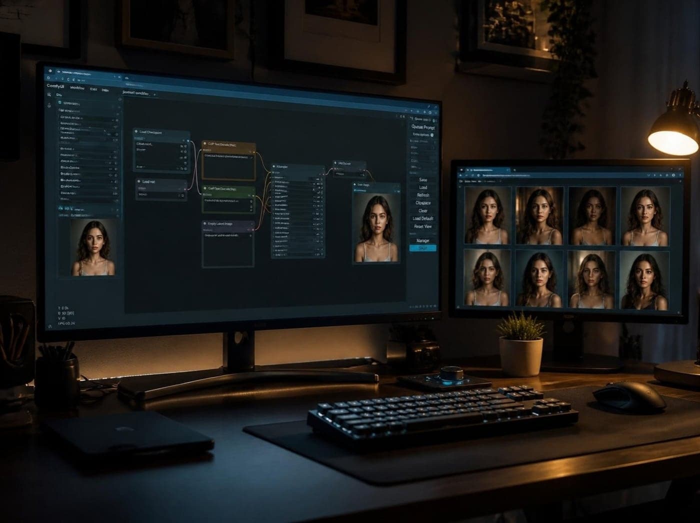 A creator's desk at night, the studio open on a monitor