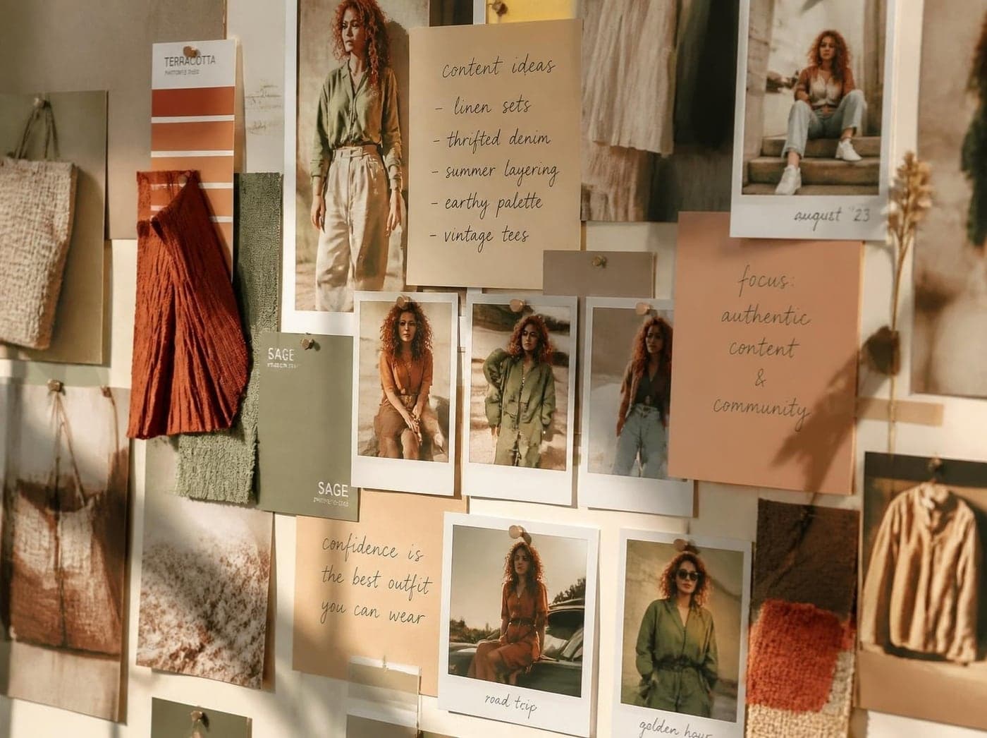 A mood board for a fictional influencer: photos, fabric swatches, colour chips and notes