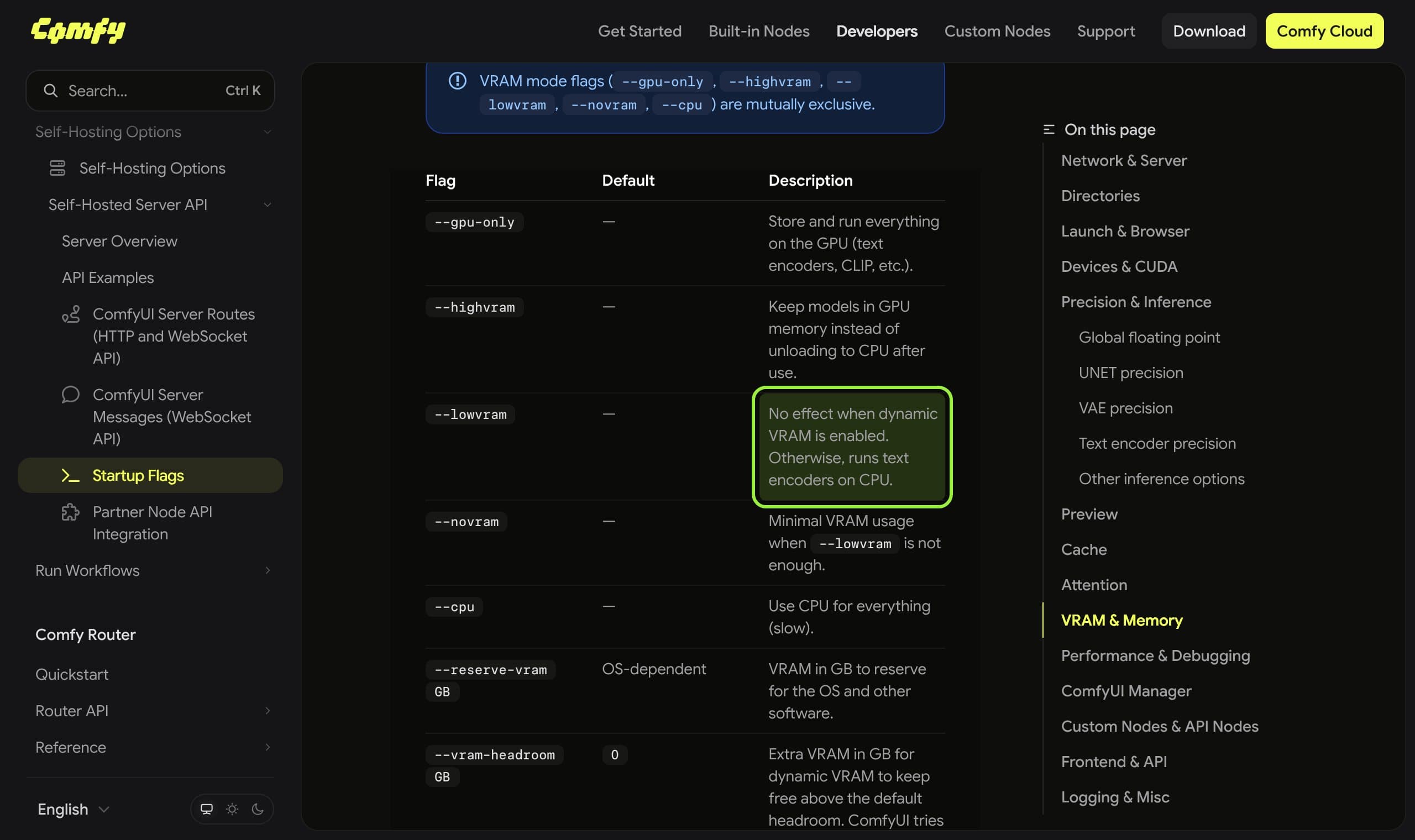 Comfy's startup flags table with the --lowvram row highlighted: no effect when dynamic VRAM is enabled.