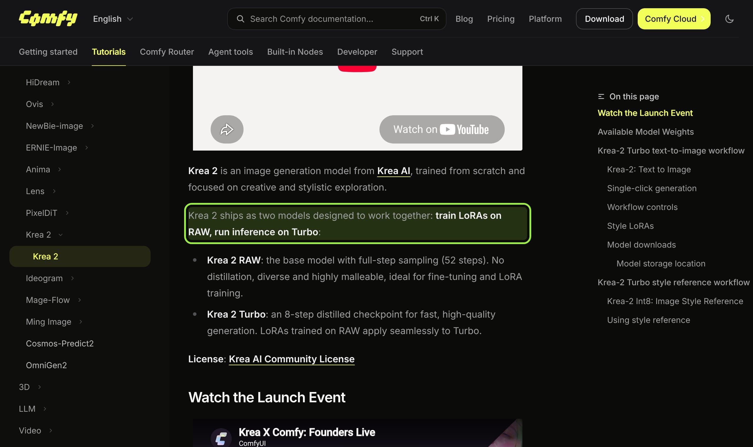 Comfy's Krea 2 tutorial with the sentence about training LoRAs on RAW and running inference on Turbo highlighted
