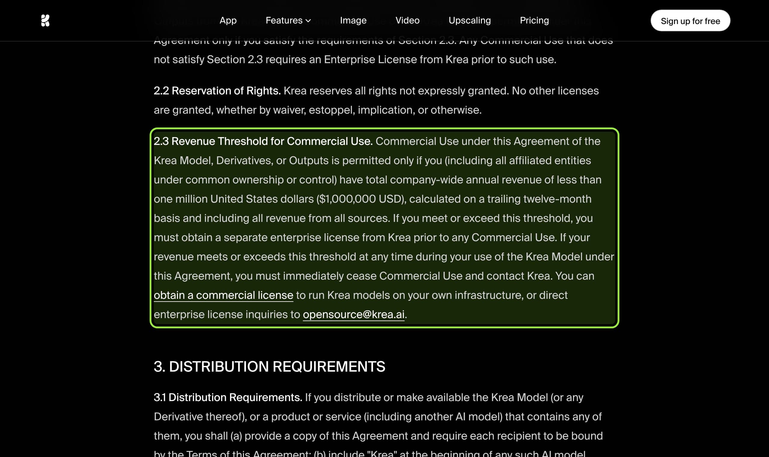 Krea's license page with section 2.3, the one million dollar revenue threshold for commercial use, highlighted