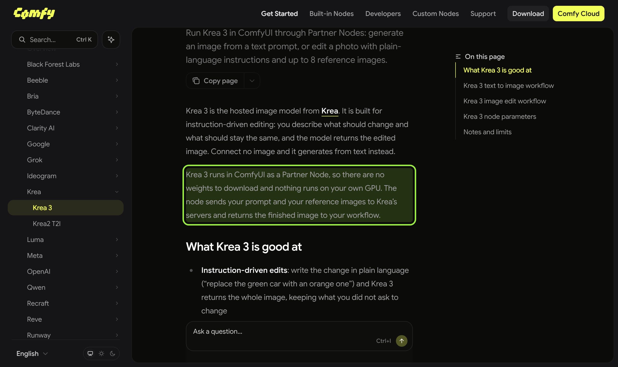 Comfy's Krea 3 documentation page with the sentence saying nothing runs on your own GPU highlighted.