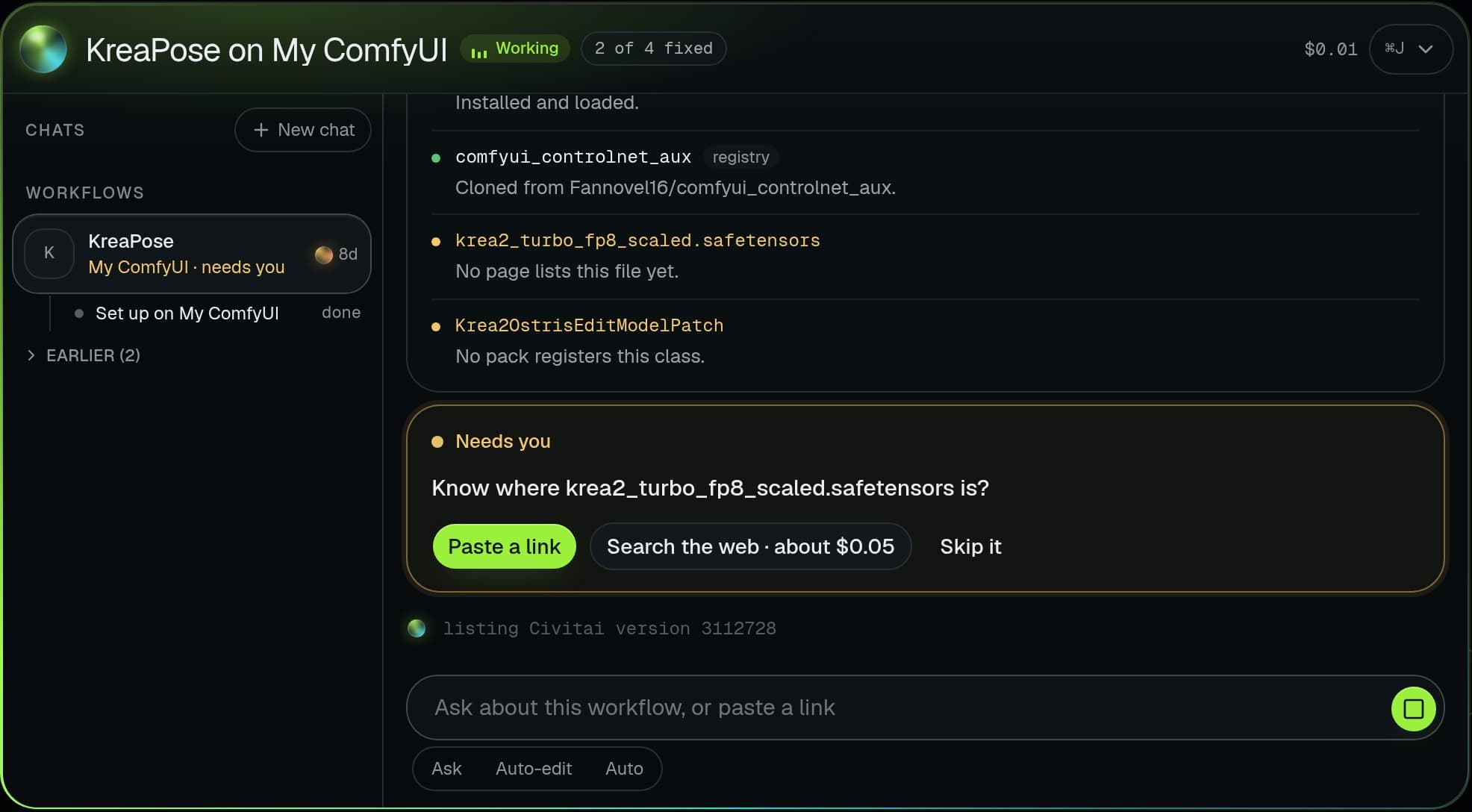 The Brain working on a workflow: two node packs installed, a model and a node class still missing.