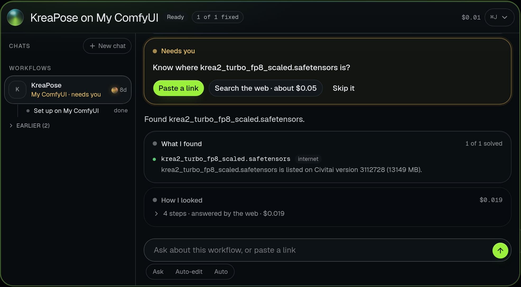The Brain reporting it found the model file on a Civitai version page, with what the search cost.