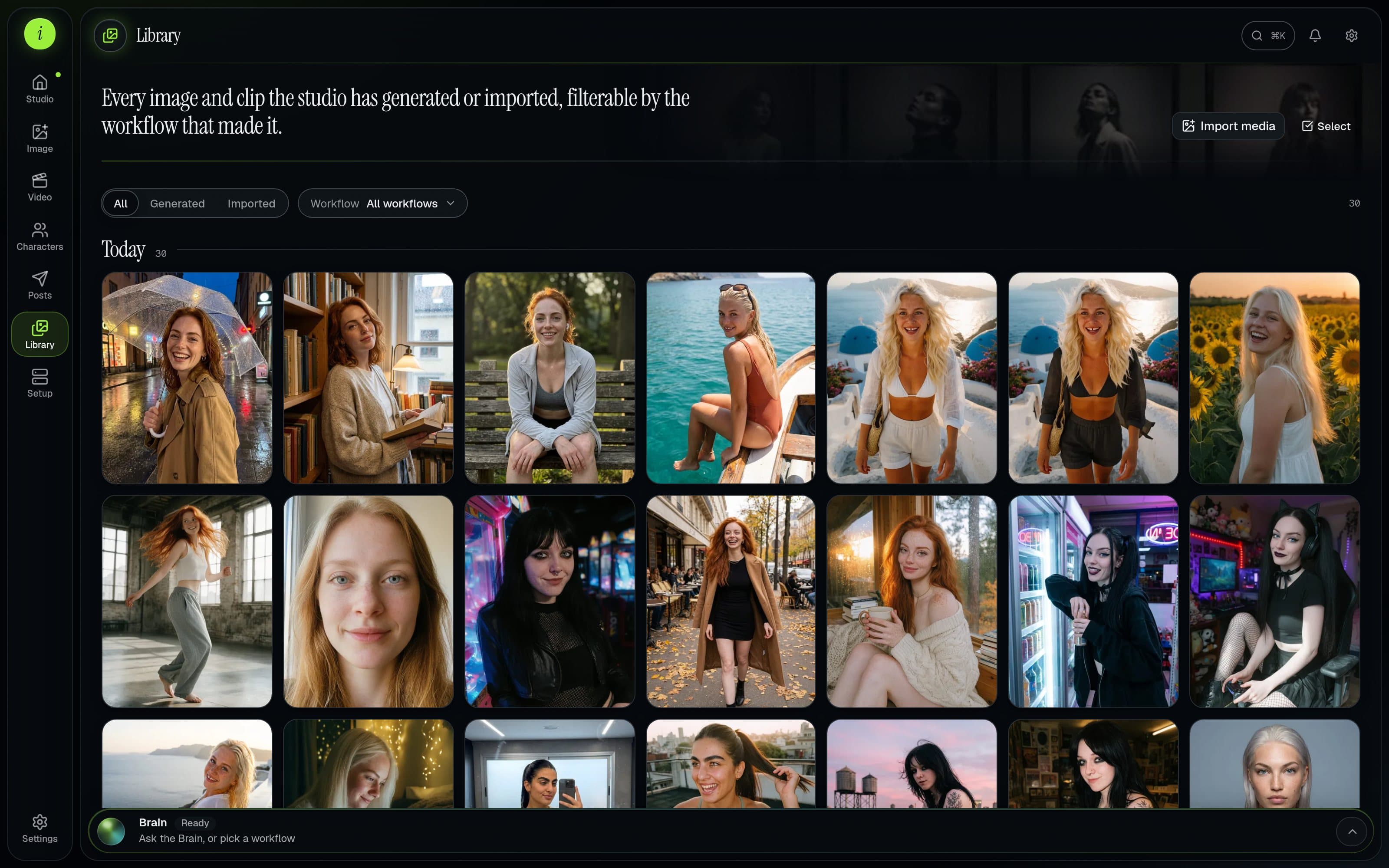 The studio's library: a grid of photos of several characters, filterable by generated or imported and by the workflow that made them.