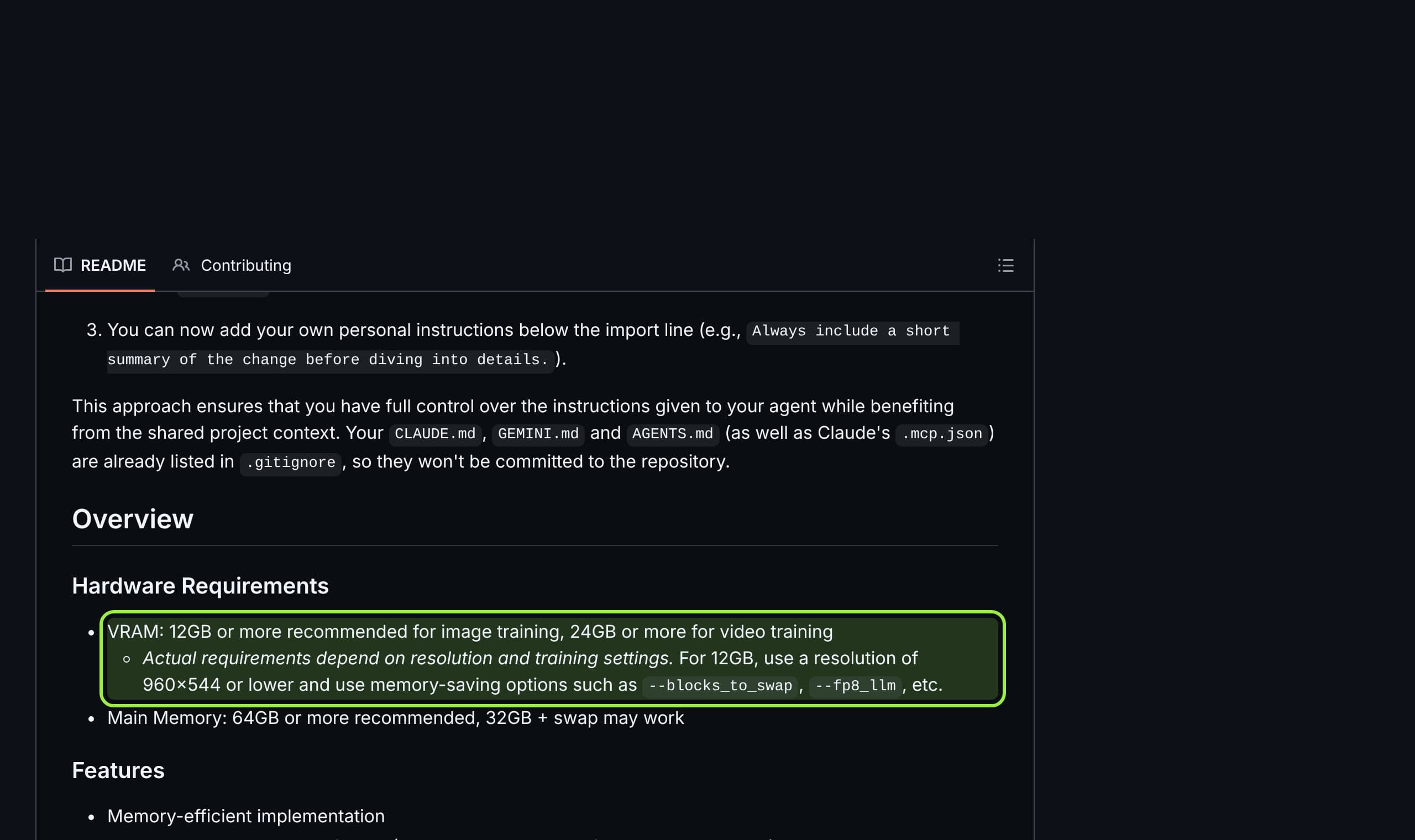 The Musubi Tuner README hardware section with the VRAM line highlighted