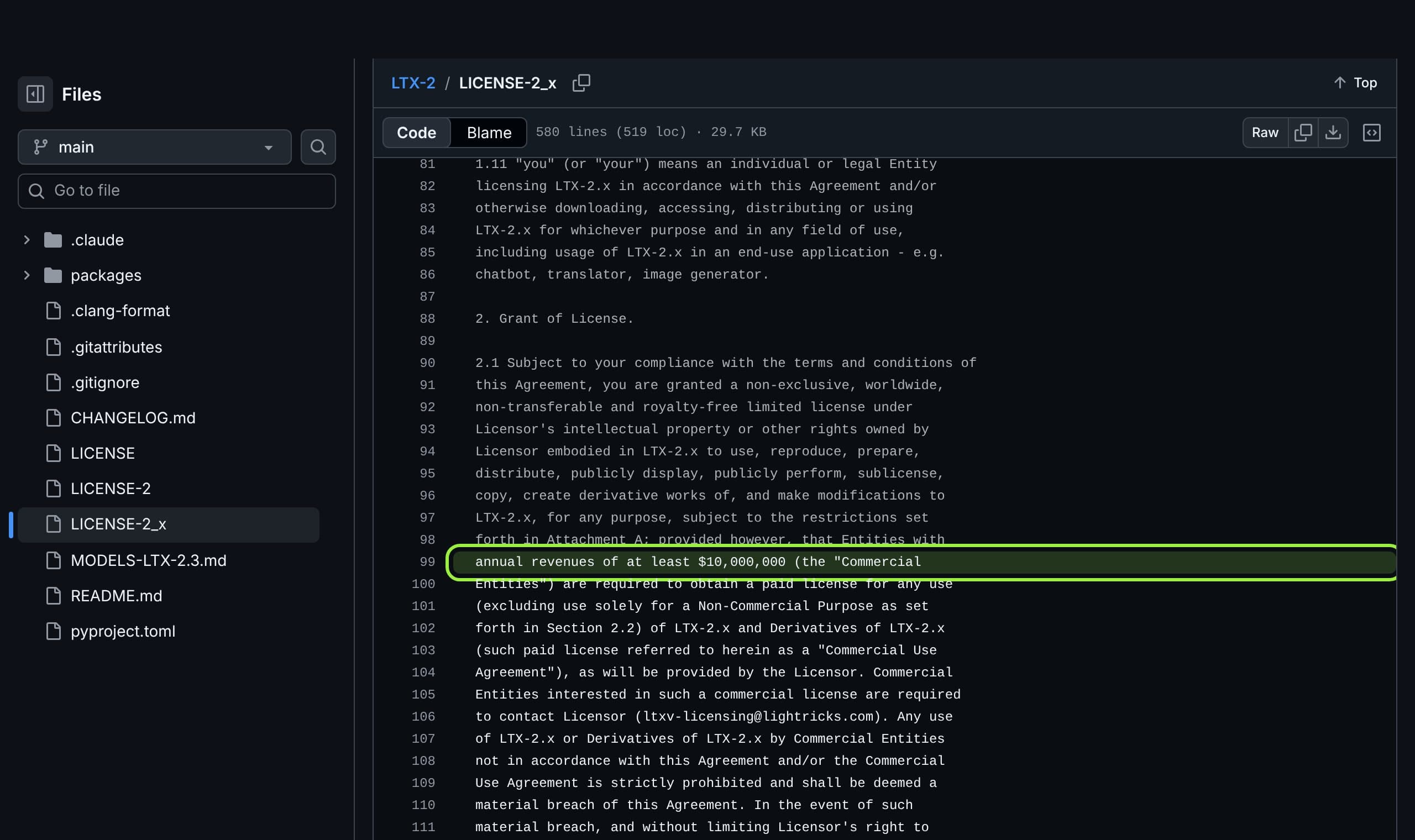 The LTX-2.x Community License on GitHub with the USD 10,000,000 annual revenue clause in section 2.1 highlighted.