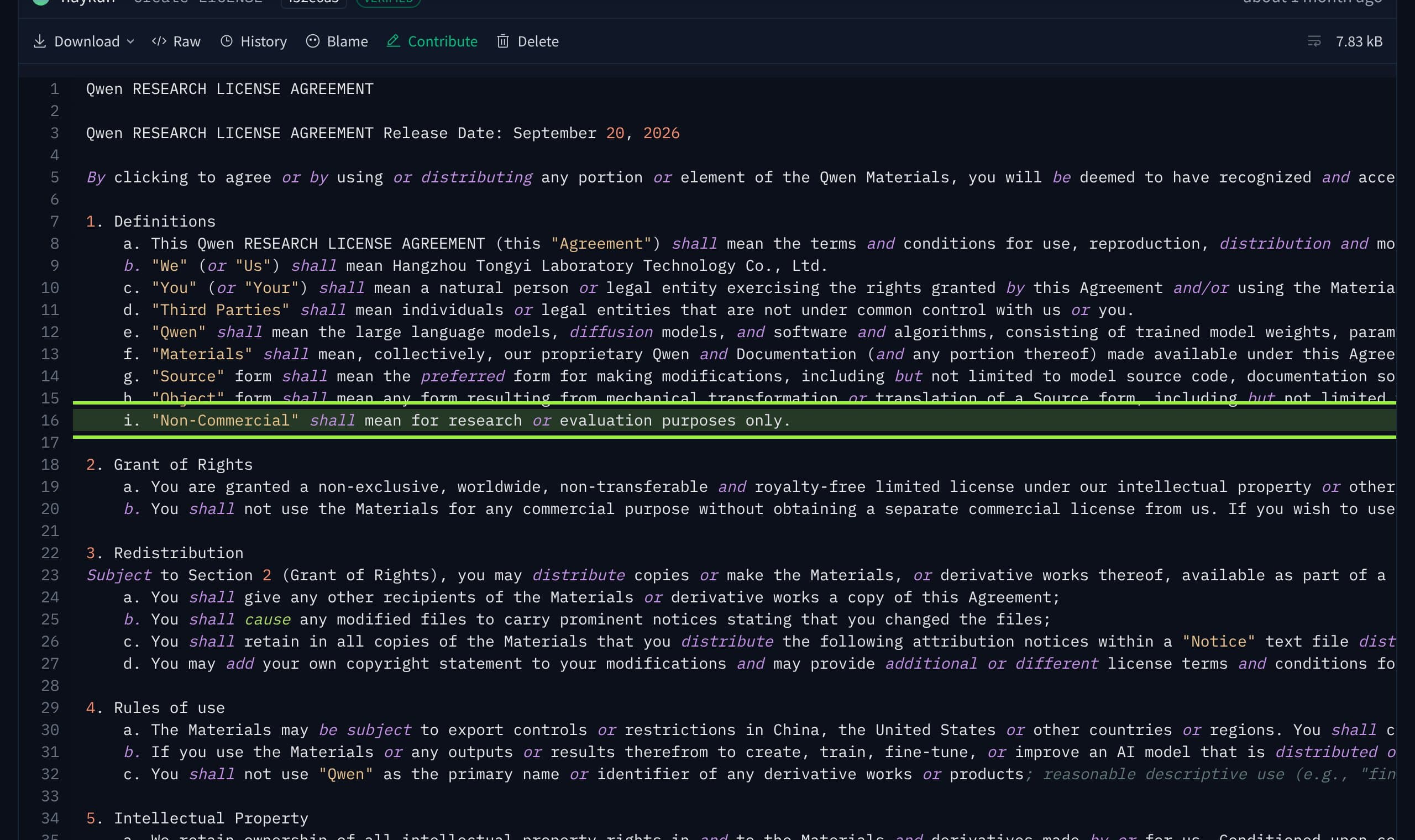 The Qwen Research License text with the Non-Commercial definition highlighted