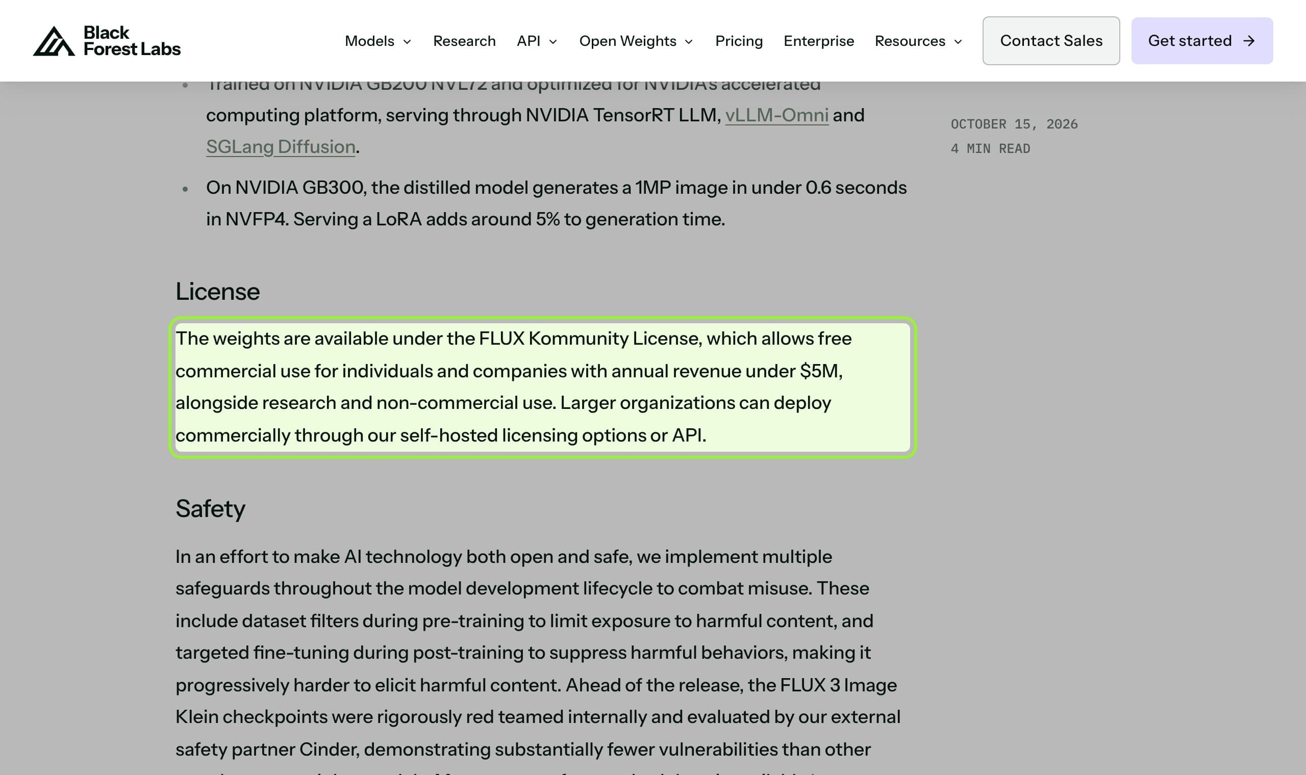 The License section of Black Forest Labs' FLUX 3 Image Klein announcement, with the sentence on free commercial use under $5M annual revenue highlighted.