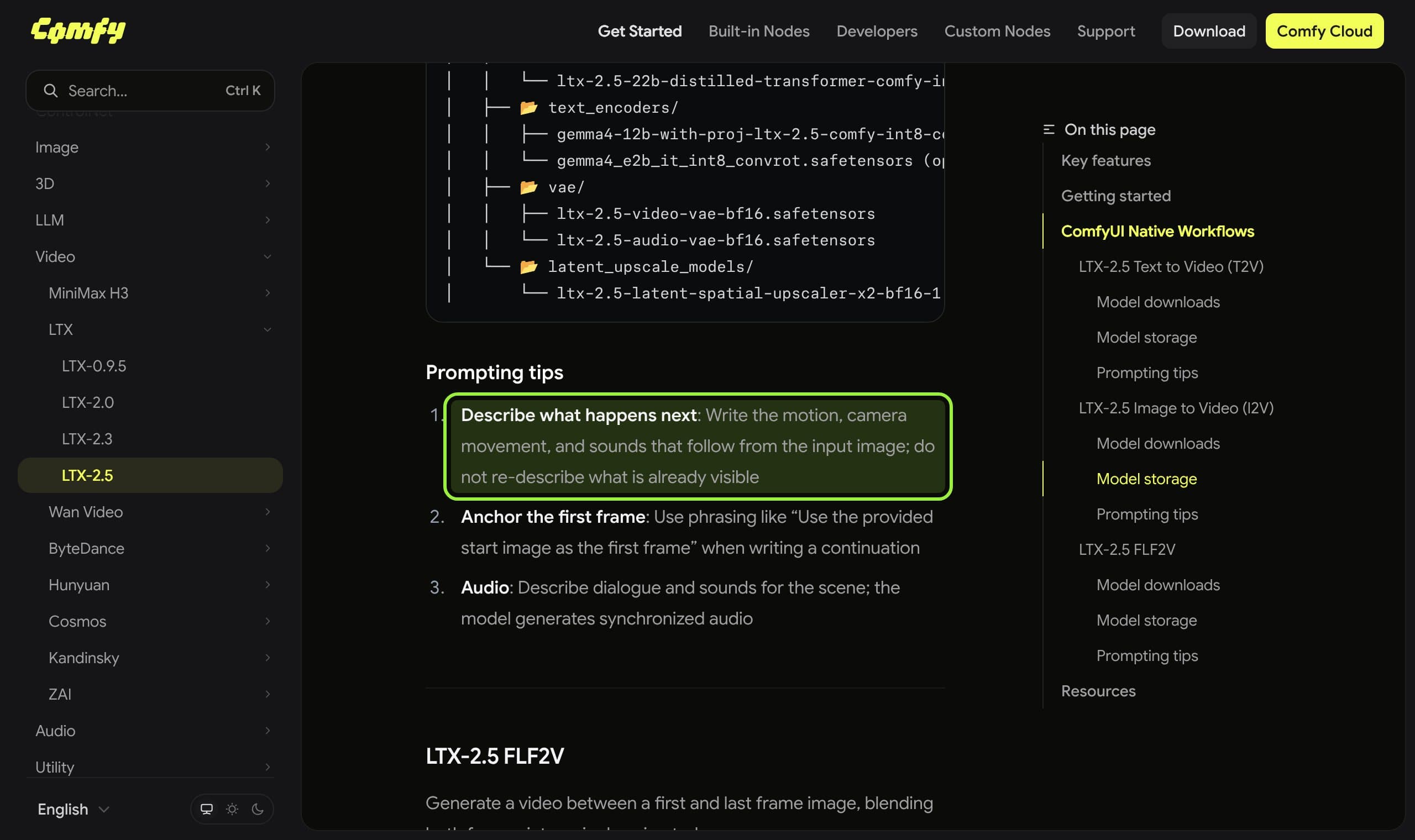 Comfy's LTX-2.5 tutorial prompting tips with the first tip highlighted: describe what happens next and do not re-describe what is already visible.