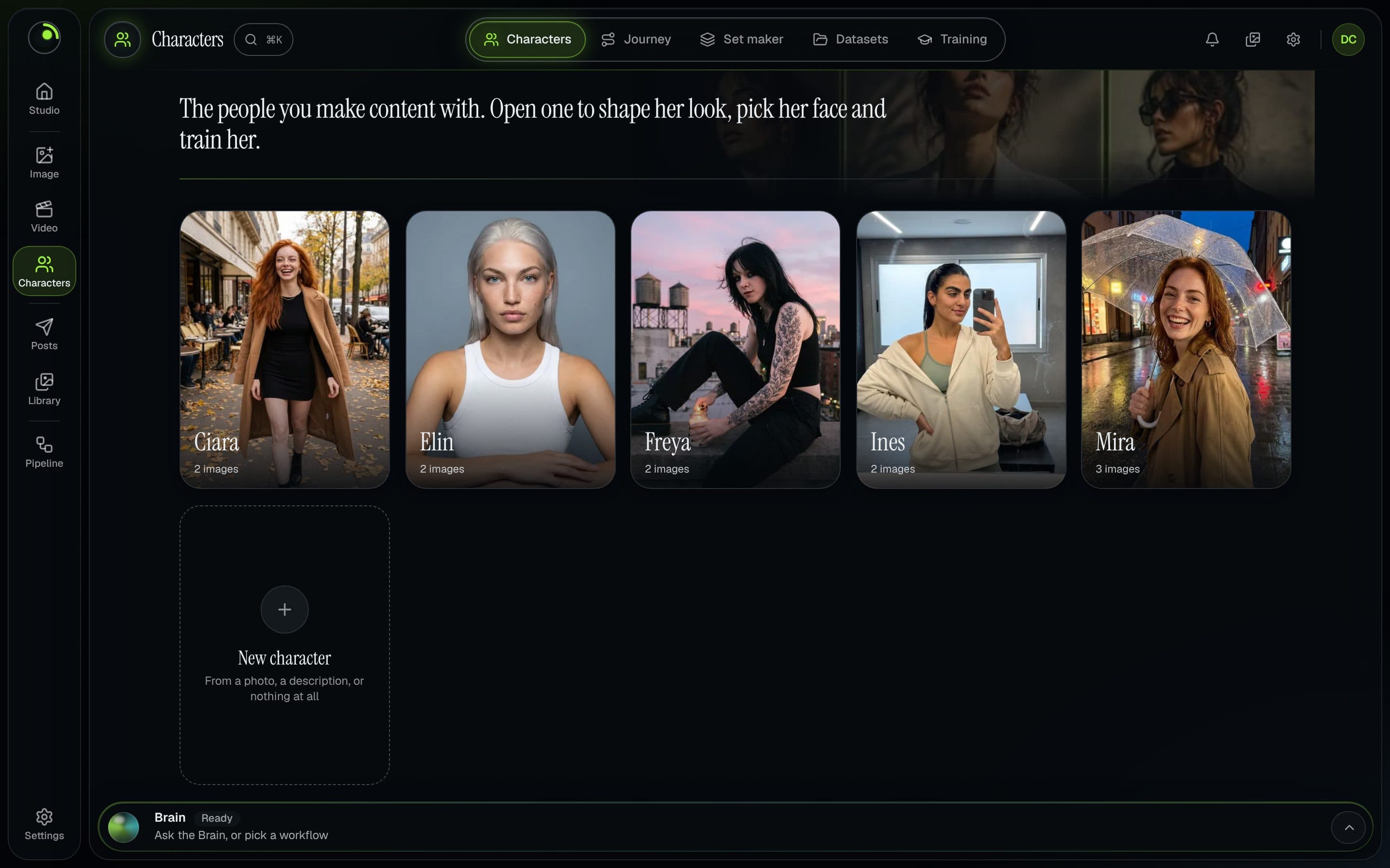 The Characters page in the Musetta studio with five demo characters, each card showing its reference photos.