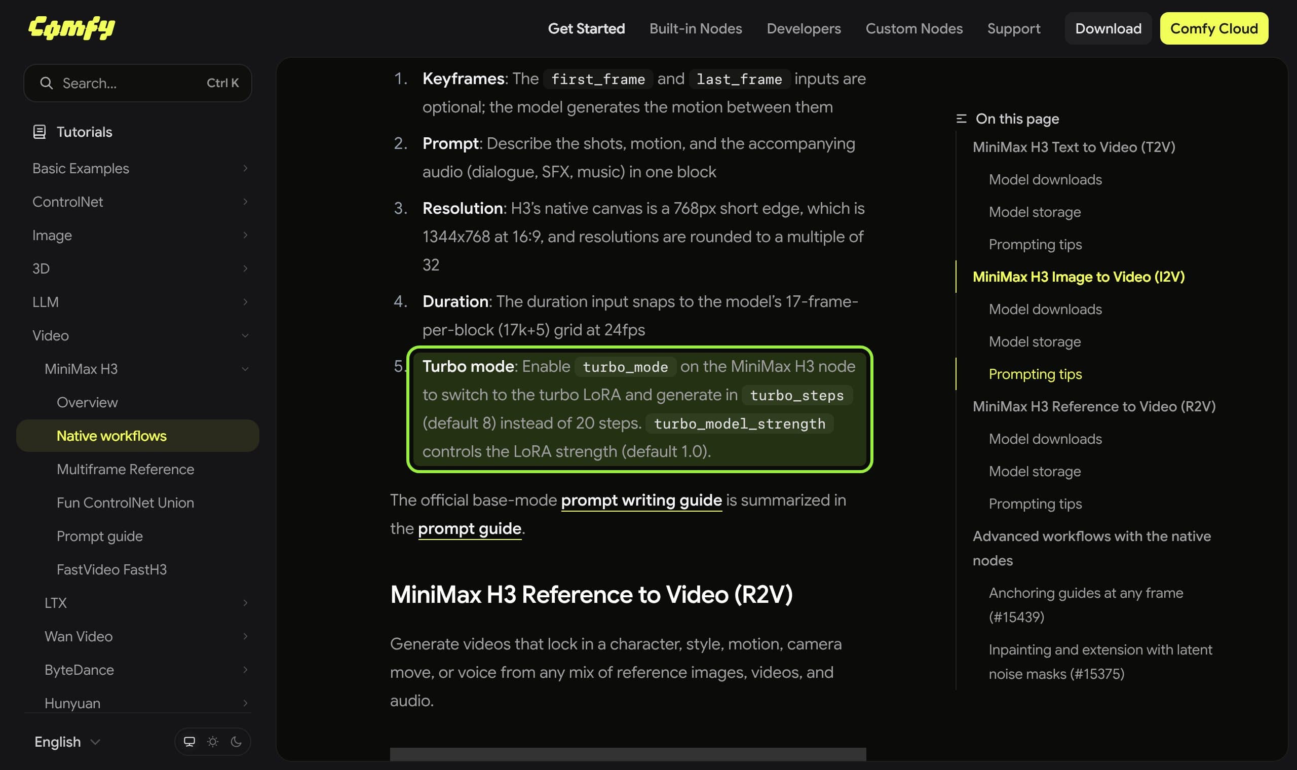 Comfy's MiniMax H3 page with the Turbo mode step highlighted: enable turbo_mode on the MiniMax H3 node to use the turbo LoRA and generate in turbo_steps, default 8, instead of 20 steps.