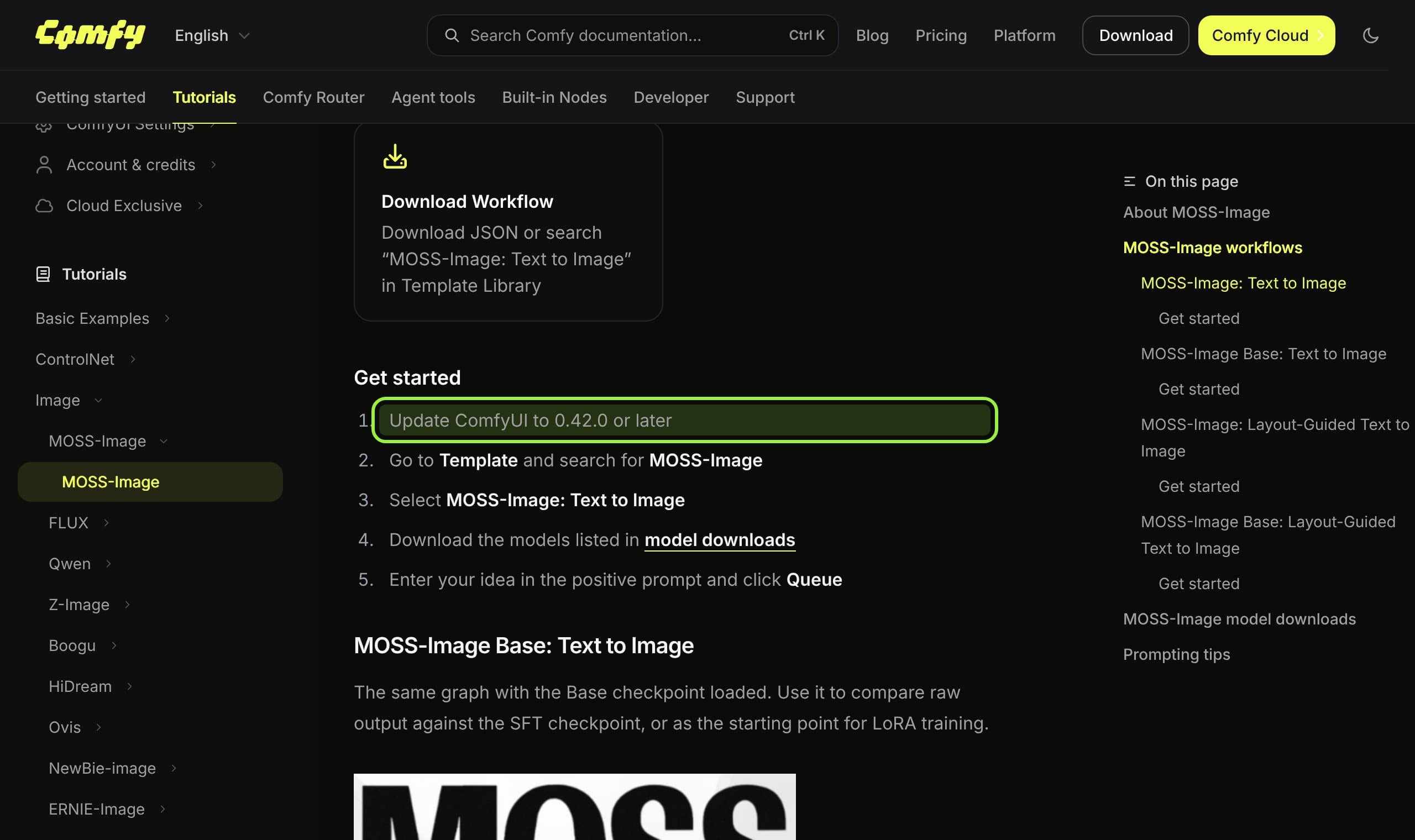 Comfy's MOSS-Image tutorial with the first setup step, update ComfyUI to 0.42.0 or later, highlighted