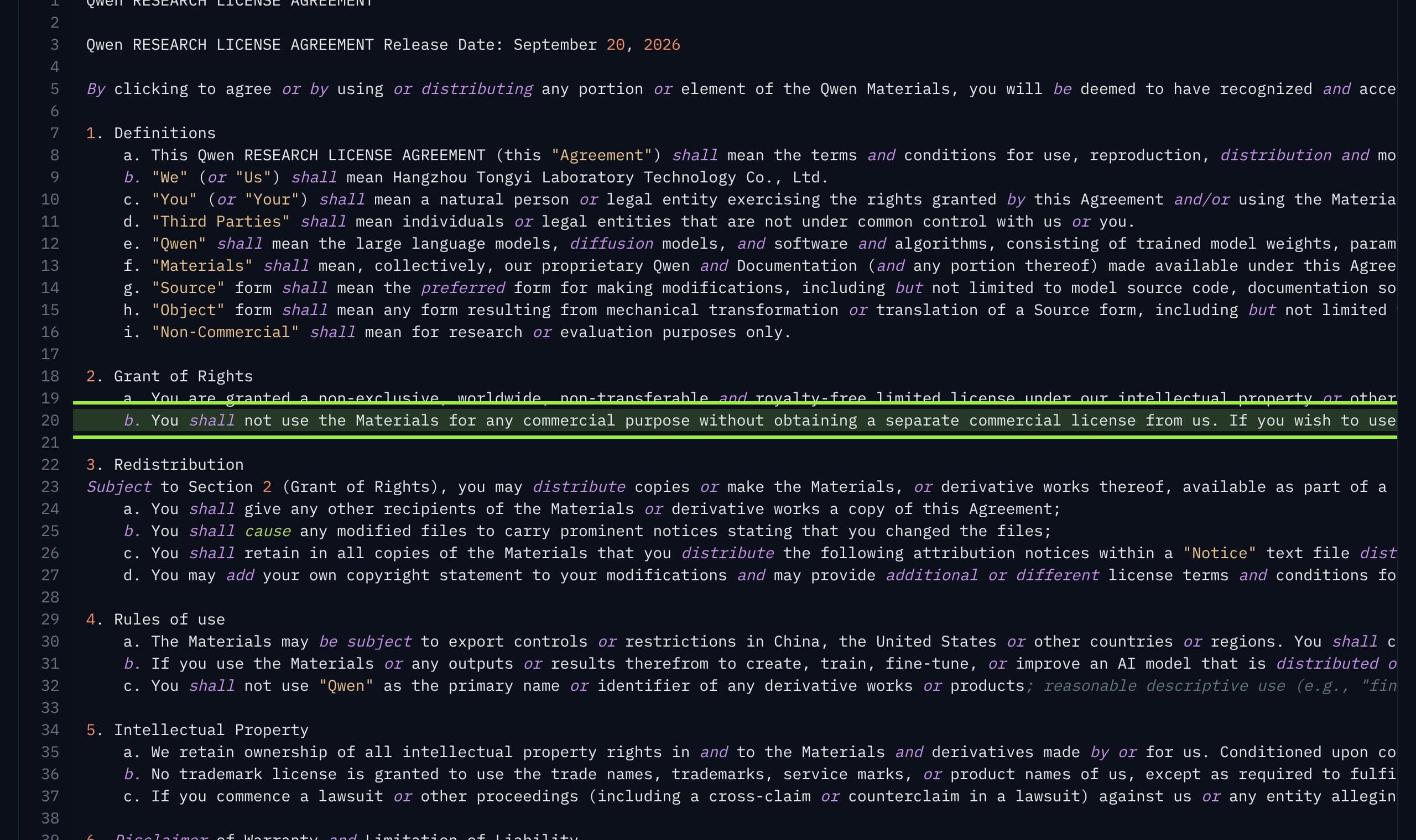 The Qwen Research License text with section 2.b about commercial use highlighted
