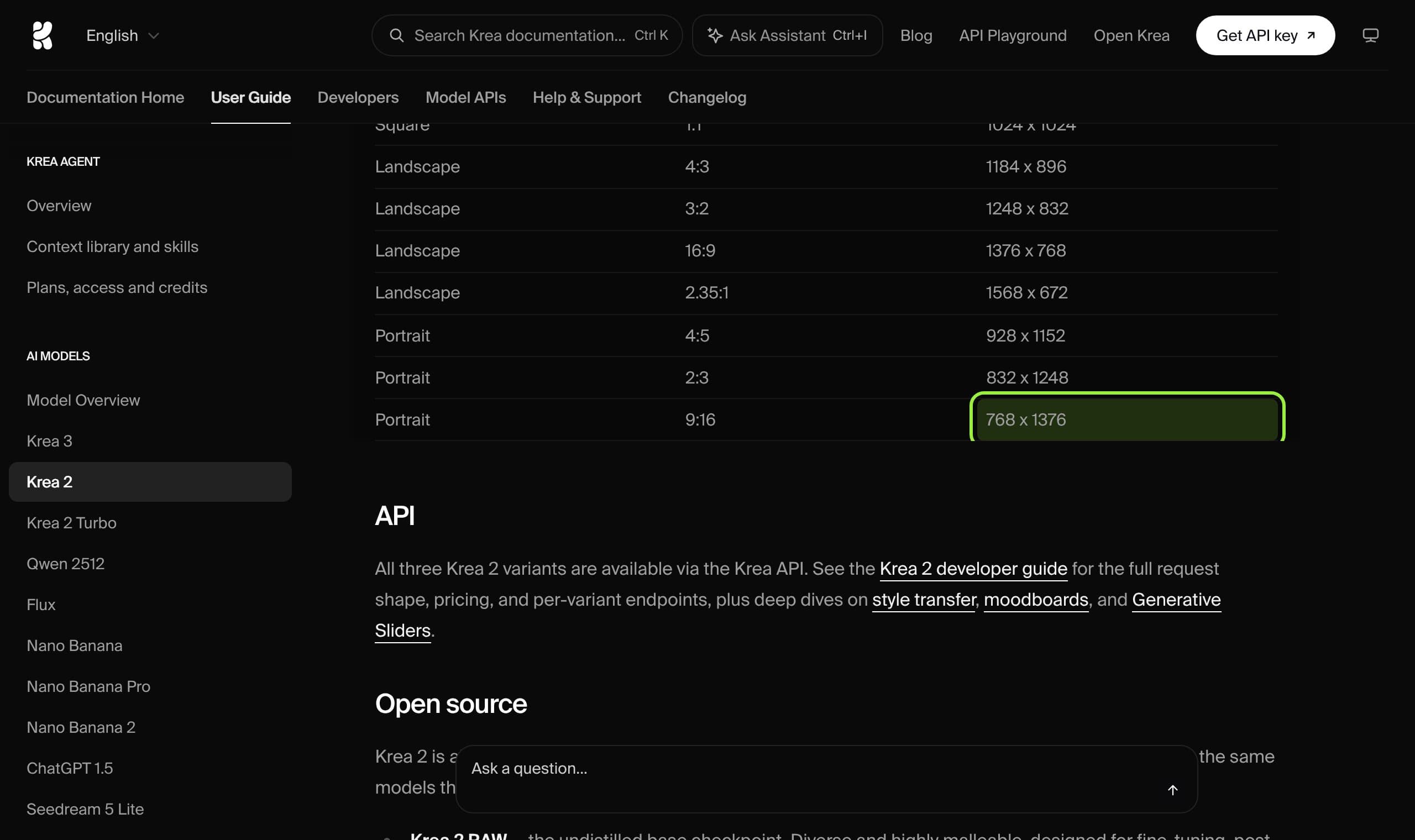 Krea 2 user guide size table with the portrait 9:16 row, 768 x 1376, highlighted.